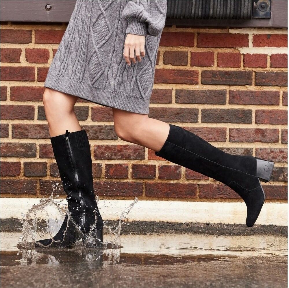 New Womens Blondo Tessa Waterproof Black Suede Tall Block Heel Boots Size 6.5 M
